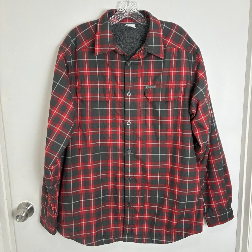 Columbia Red Gray Plaid Button Up Shirt Style Jacket, Omni Dry, Men’s Large